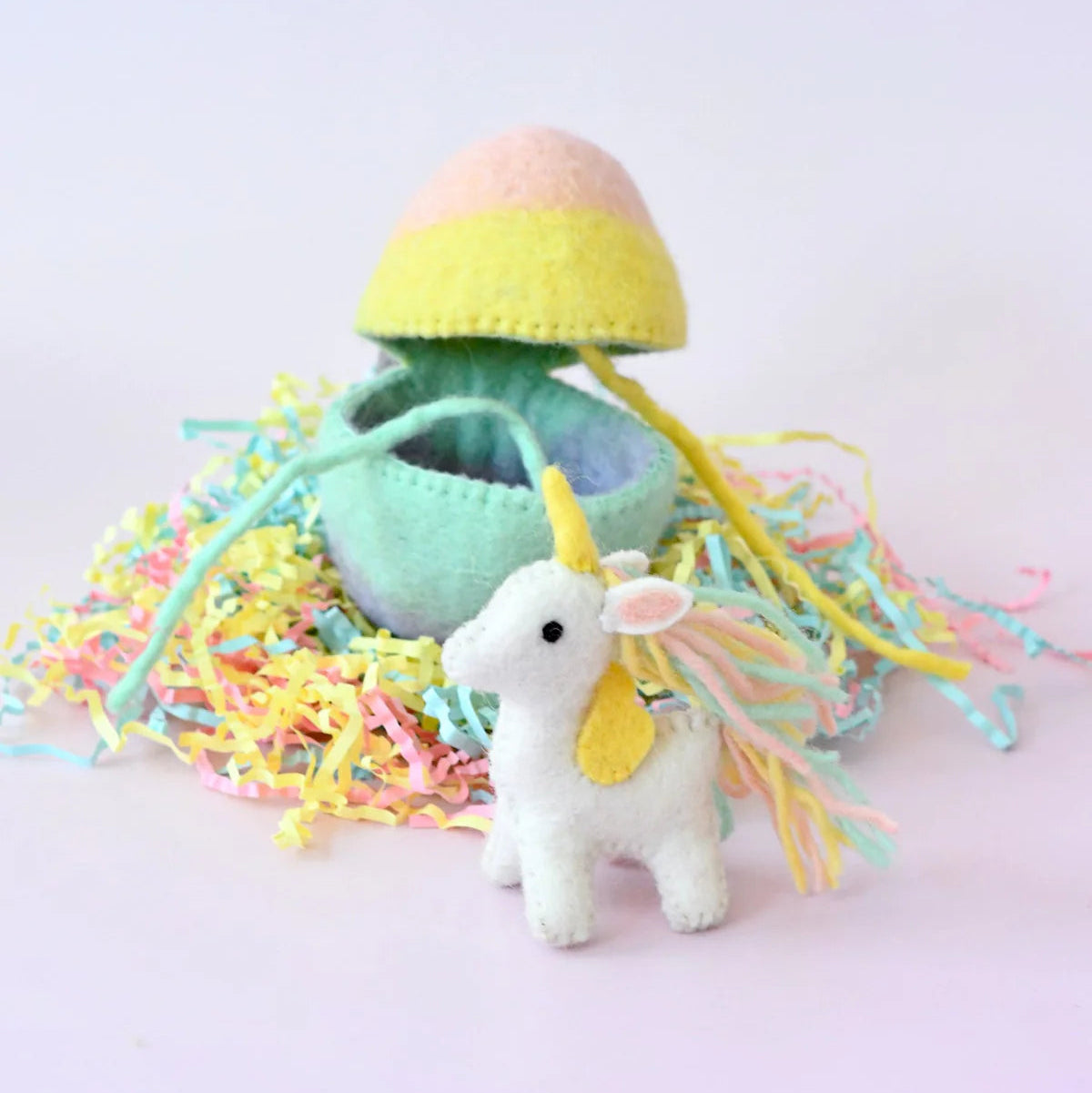 Tara Treasures felt surprise easter egg with mini toy unicorn surrounded by confetti