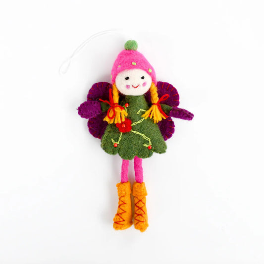 Tara Treasures Felt Fairy with Blonde Hair, purple wings and pink hat