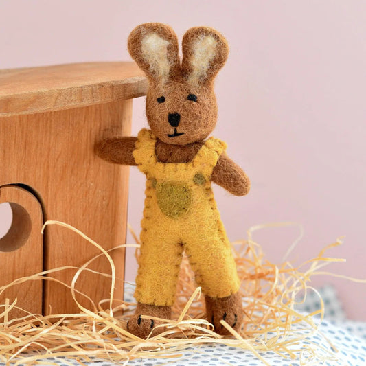 Tara Treasures felt toy rabbit in yellow overalls