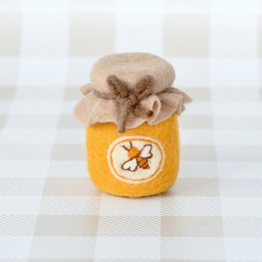 tara treasures play food felted honey jar decorated with a bee  