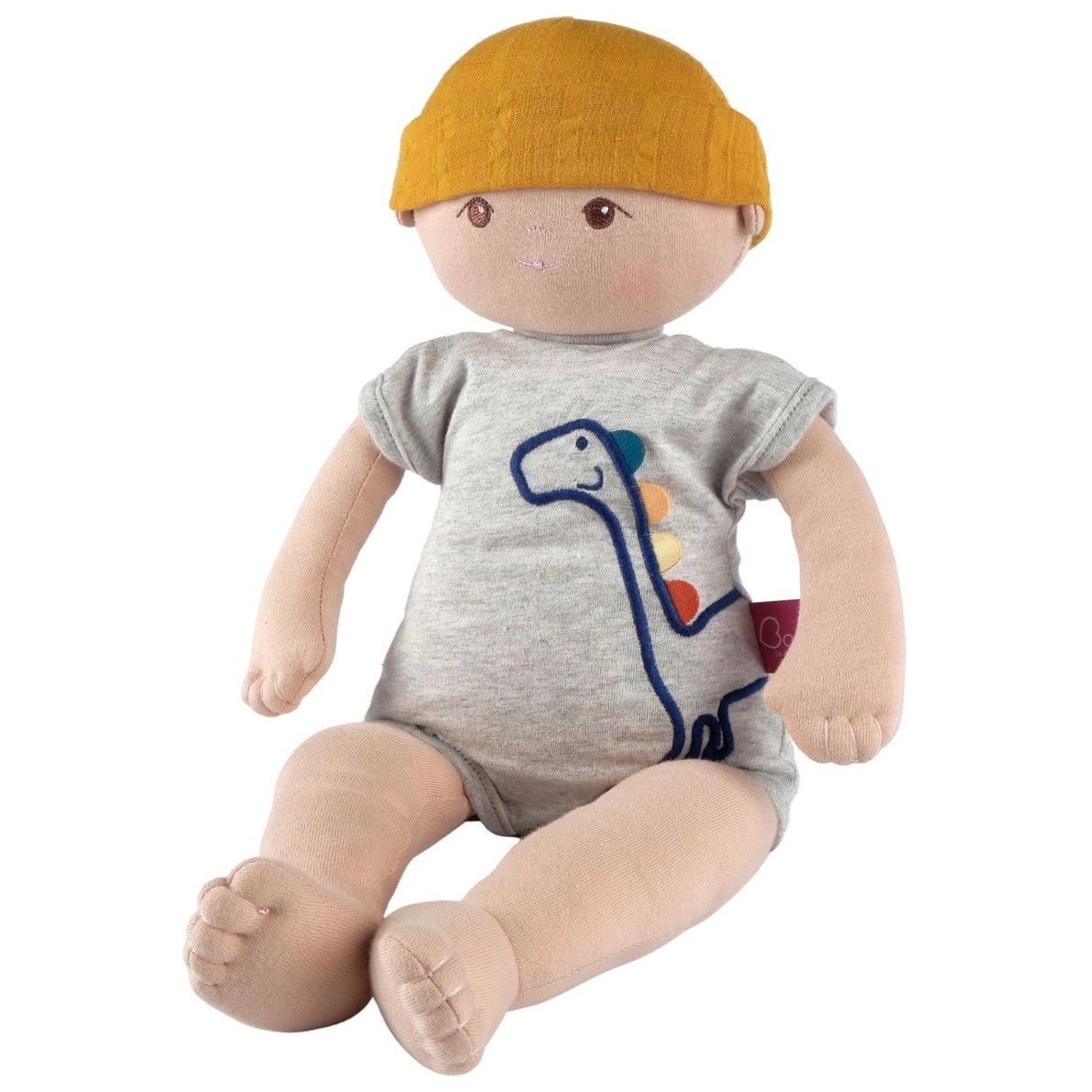 Organic Baby Boy doll with a yellow hat and gray outfit featuring an embroidered dinosaur