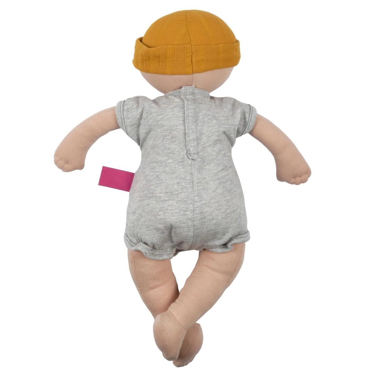 A plush baby boy doll shown from the back, wearing a heather gray short-sleeve romper and a mustard yellow beanie.