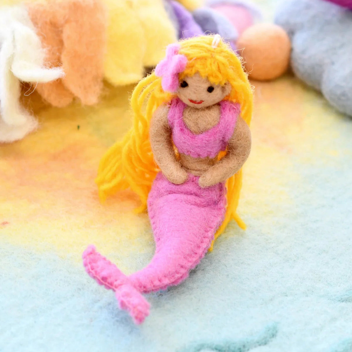 tara treasures handmade felted wool mermaid doll with blonde hair and pink tail