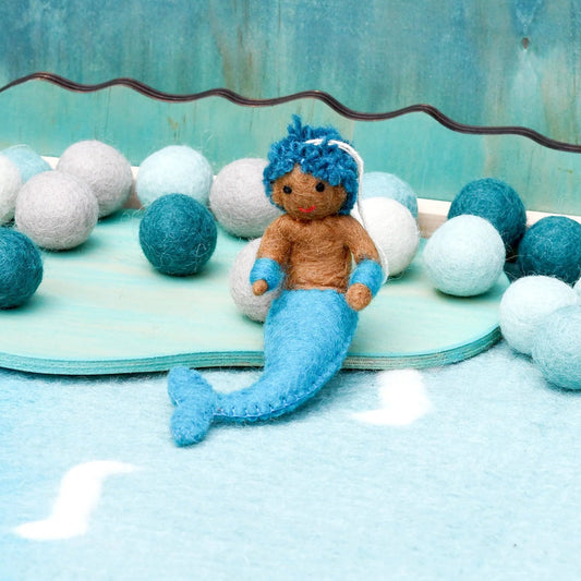 Handmade Merman with a blue tail from Tara Treasures felt mermaid collection
