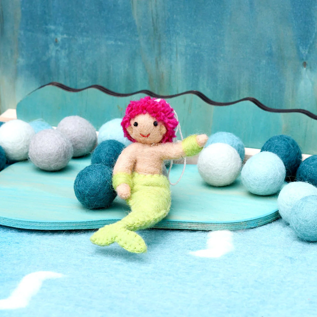 Felted Mermaid merman toy with red hair and green tail