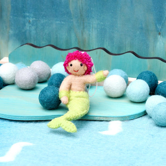 Felted Mermaid merman toy with red hair and green tail
