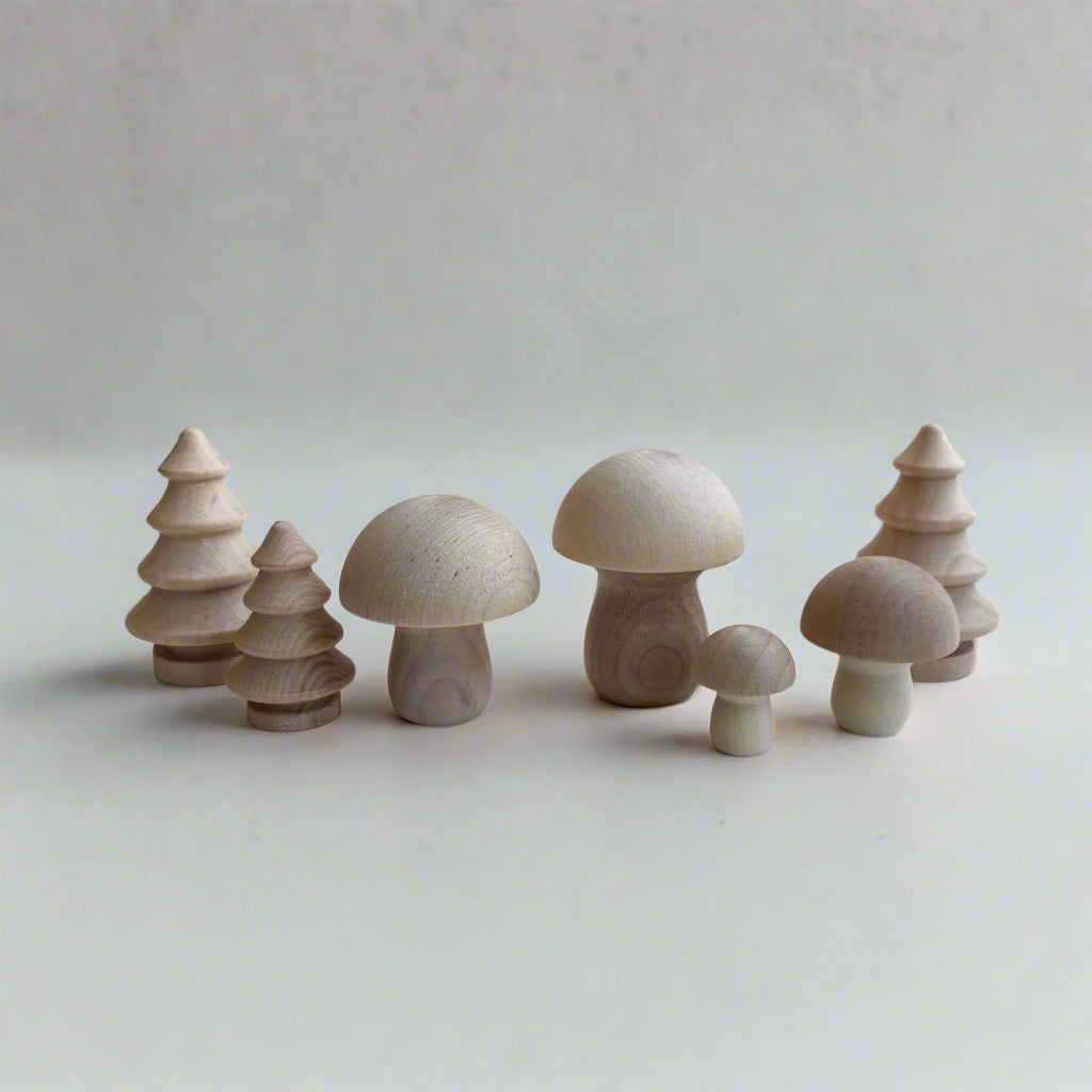 natural wooden mushroom and trees forest toys
