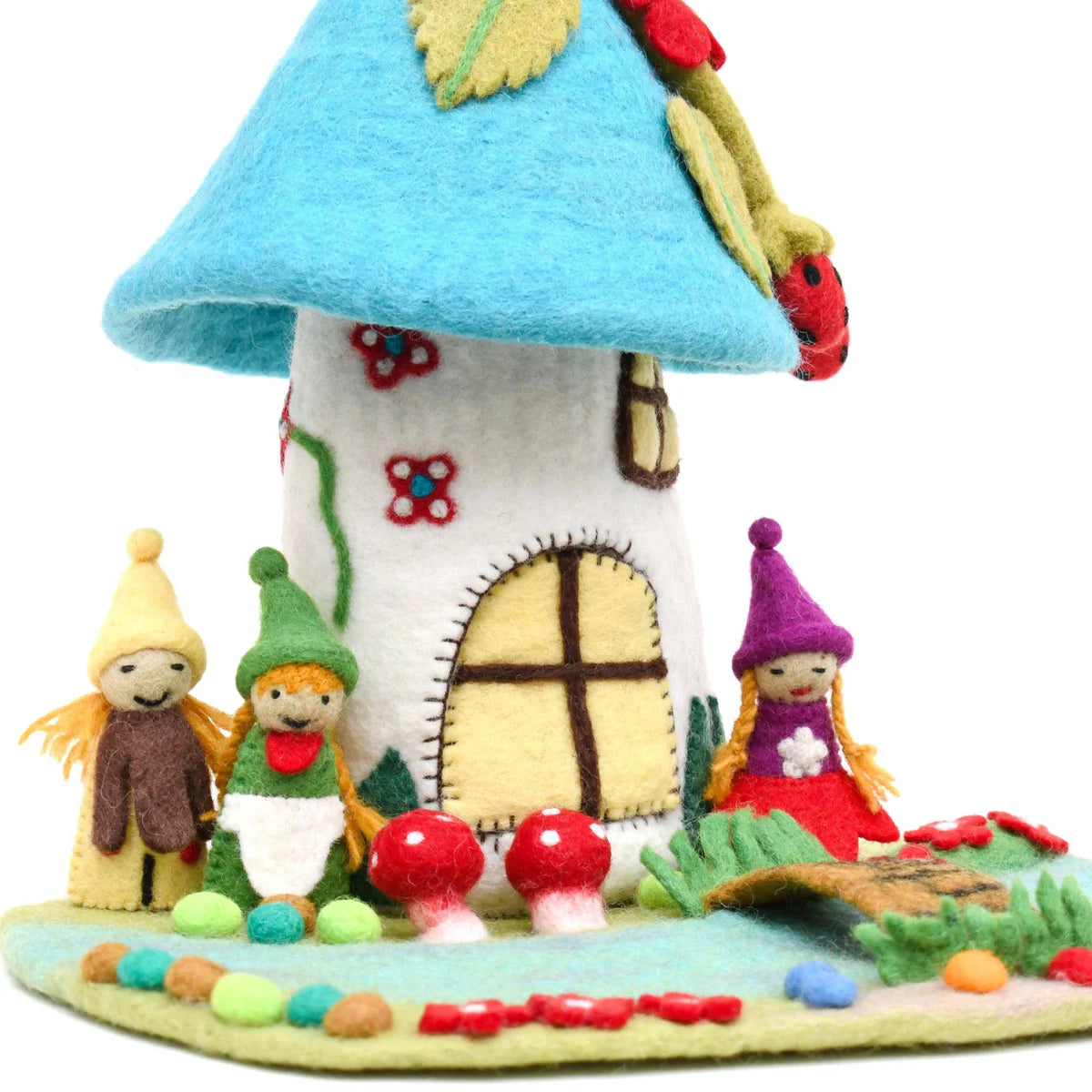 Colorful felt fairy house with three gnome finger puppets