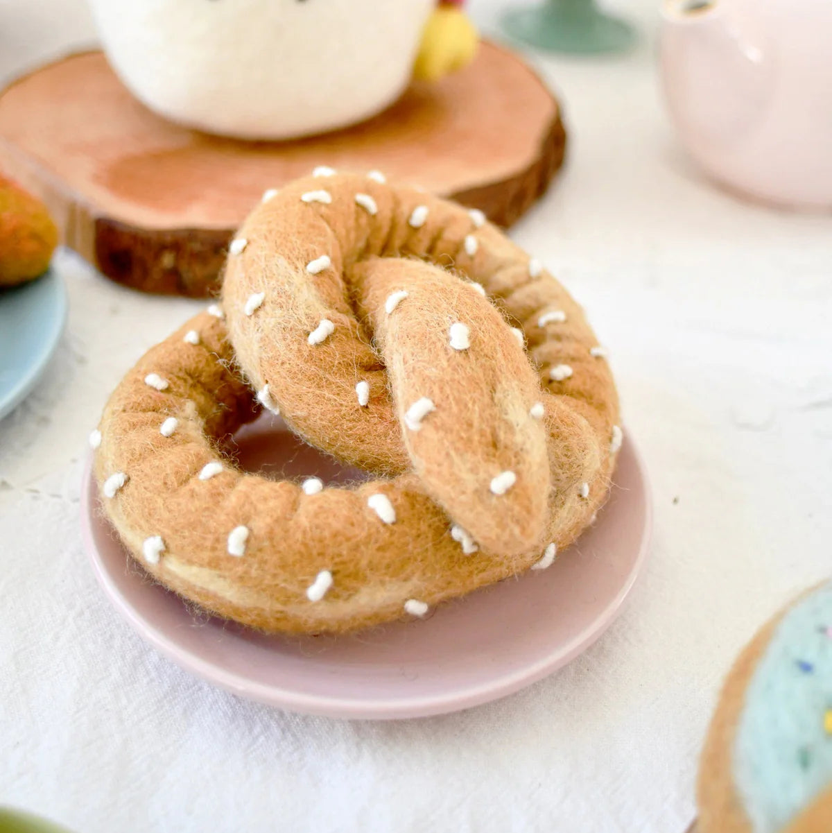 Felt play food toy soft pretzel with salt