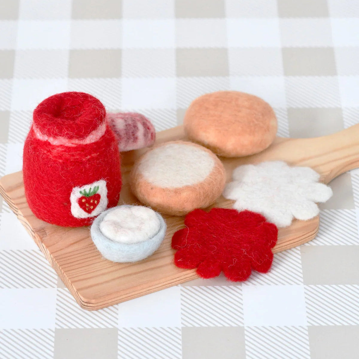 Tara Treasures felted toy strawberry jam and scone play food set with fluffy cream