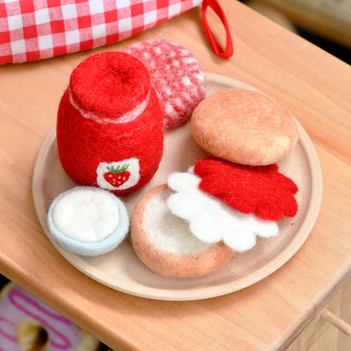 Tara Treasures felted toy strawberry jam and cream scone play food set 