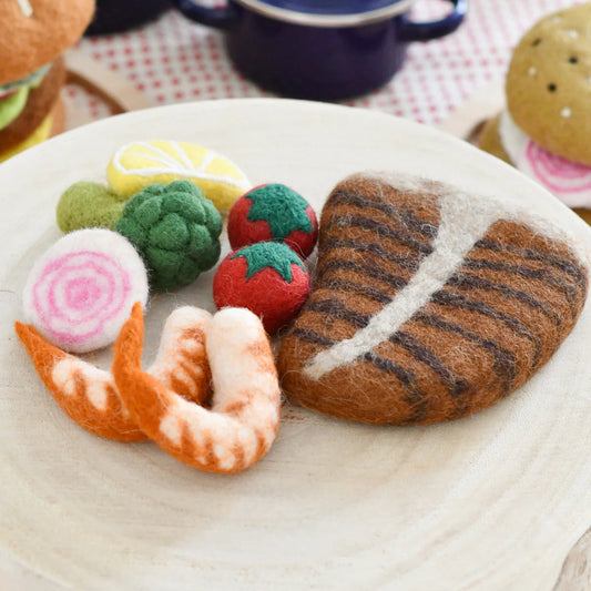Tara treasures felt play food surf and turf set with steak, prawns, broccoli, tomato, onion, and lemon
