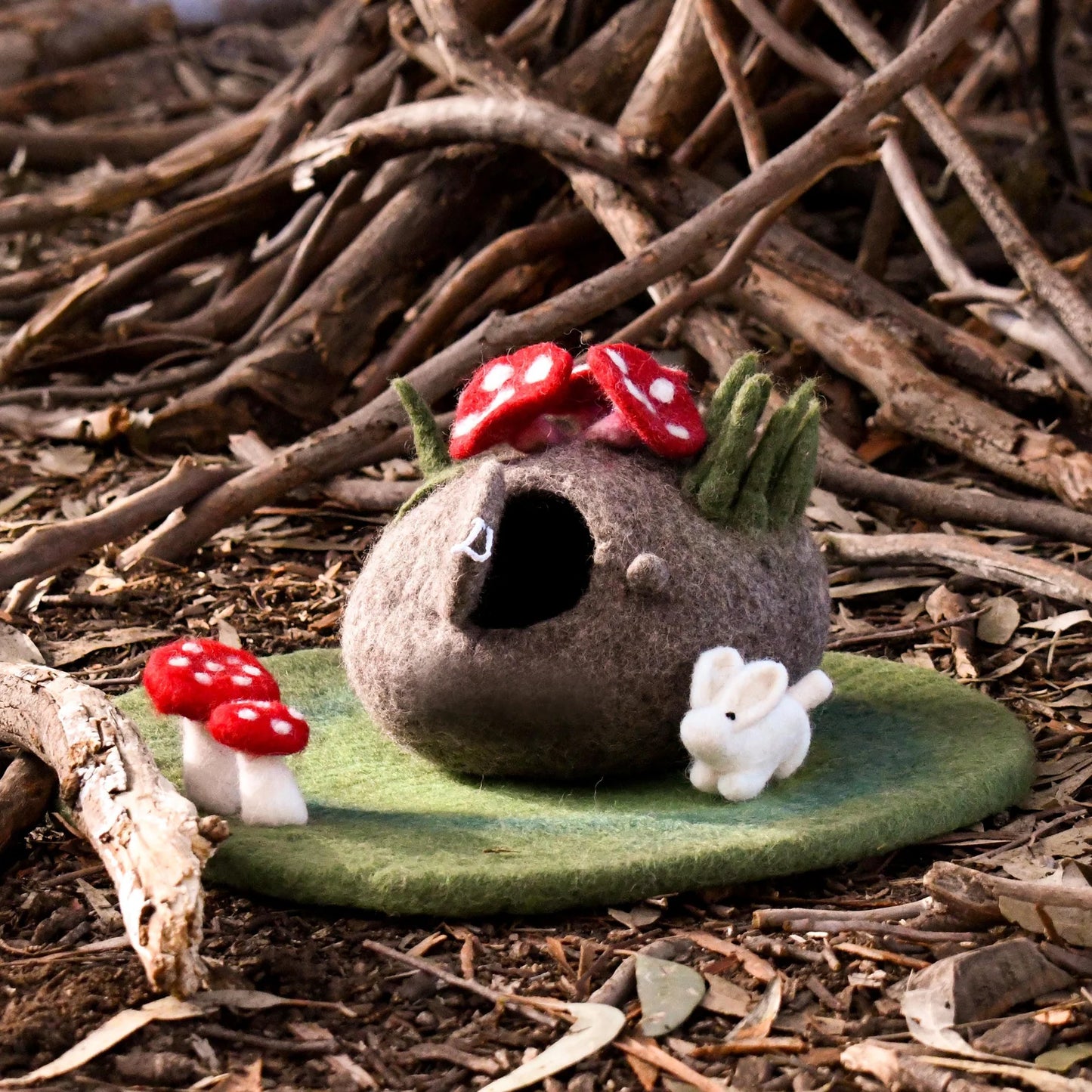 Handmade Felt Toadstool House and Bunny Set