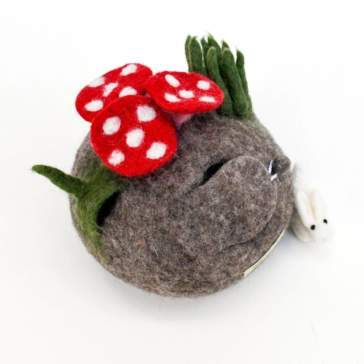 needle-felted waldorf mushroom house and bunny rabbit toy