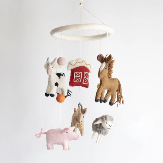 Handmade felt children's baby and nursery mobile with farm animals and a red barn