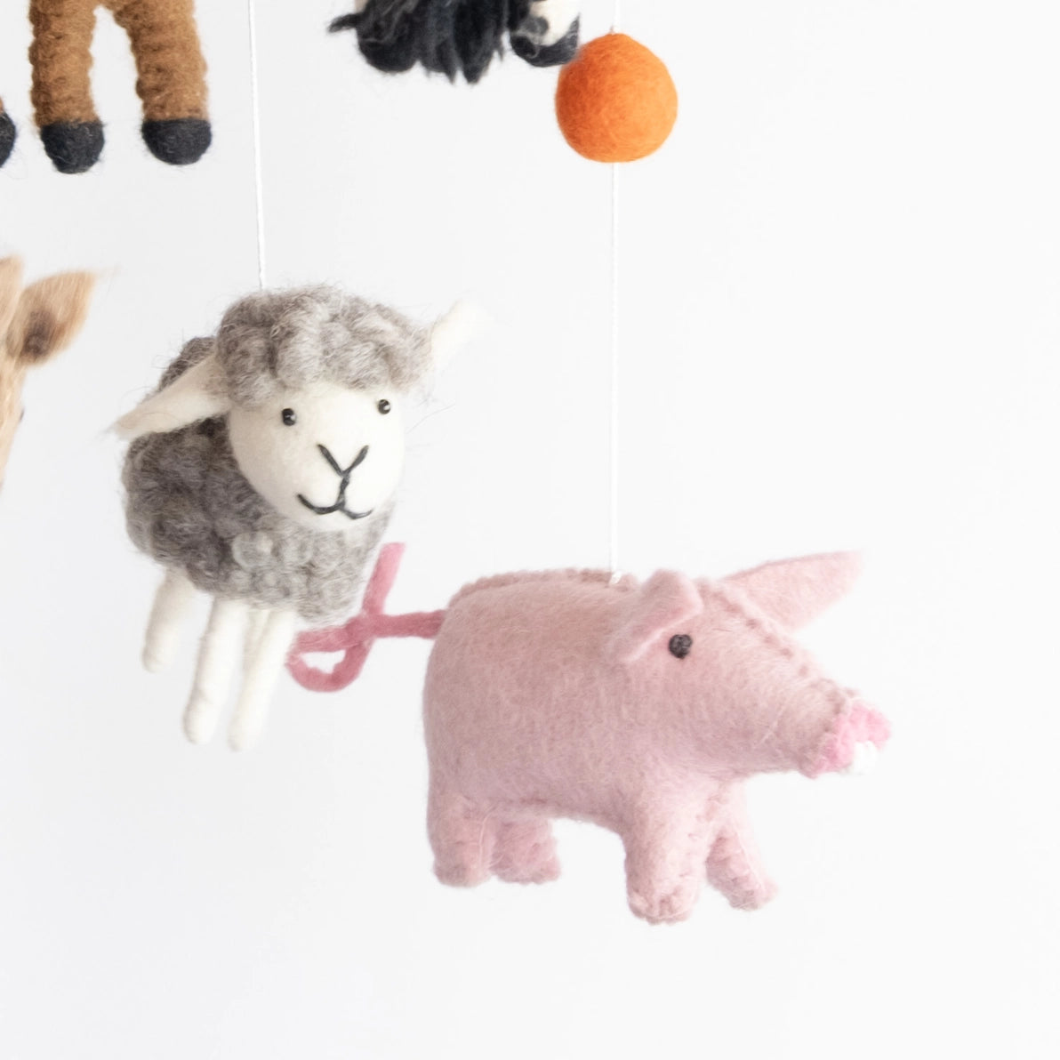 Felted farm animal baby and children's nursery mobile with a pig and wooly sheep 
