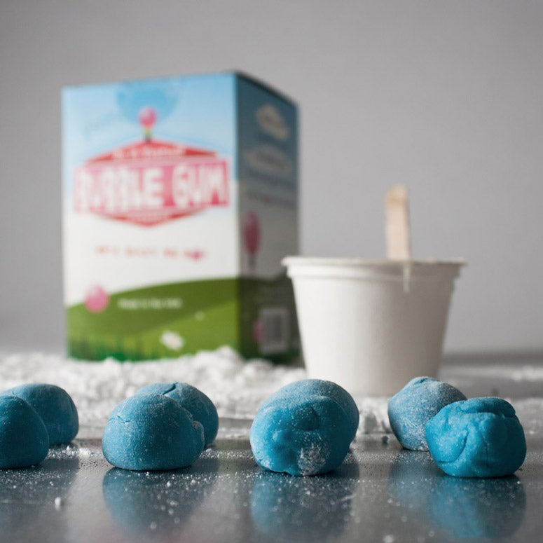 Blue bubble gum DIY chemistry kit box  in the bacground