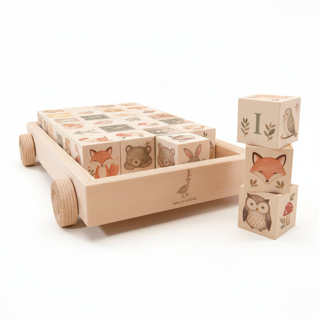 UncleGoose Watercolor wooden alphabet blocks with a wagon