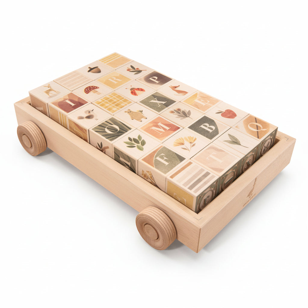 Uncle Goose natural wooden wagon with watercolor alphabet books