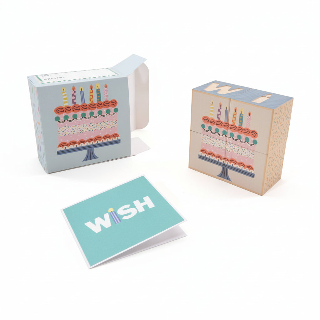 Set of wooden birthday cake toy blocks with a 'Wish' card.