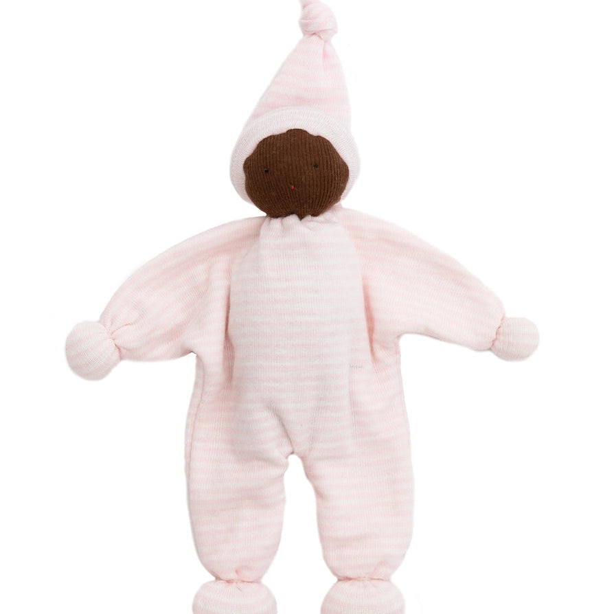 Under the Nile Organic Baby Buddy Lovey Doll with Brown Skin in Pink Stripes