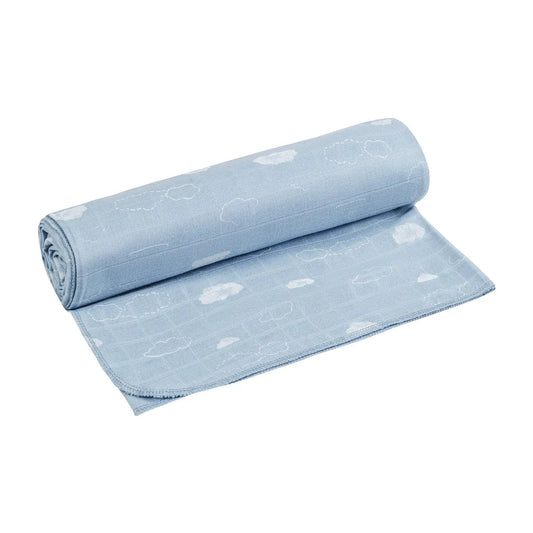 Under the Nile organic swaddle baby blanket with a cloud print an a blue background