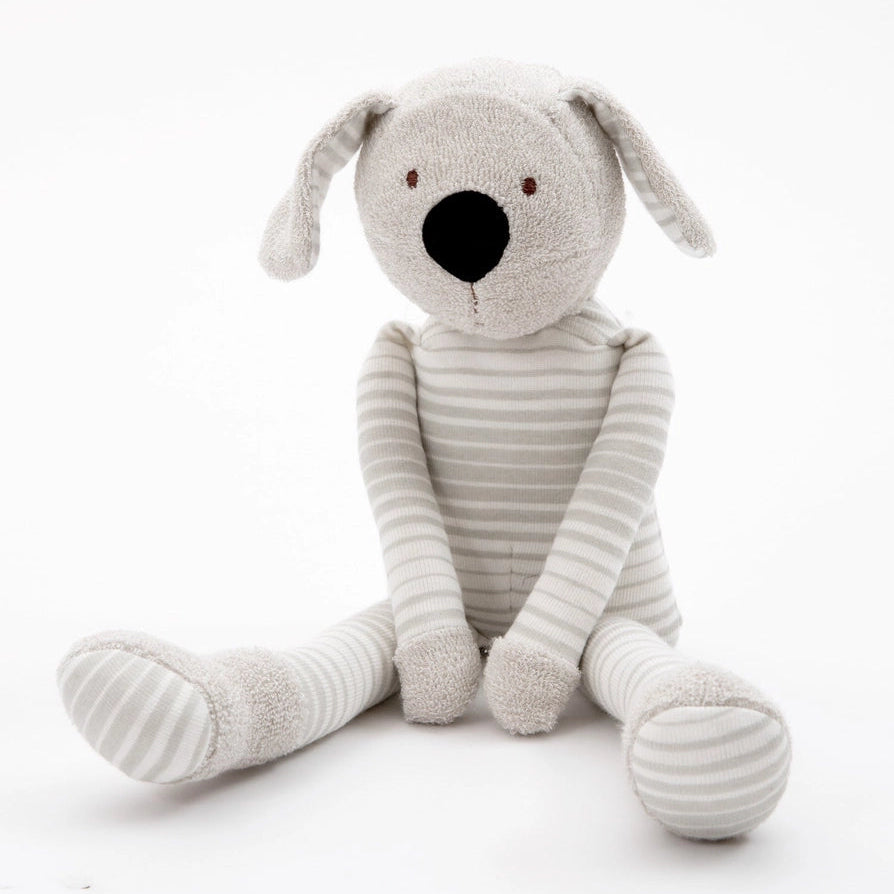 Striped plush organic dog baby toy in gray ombre stripes