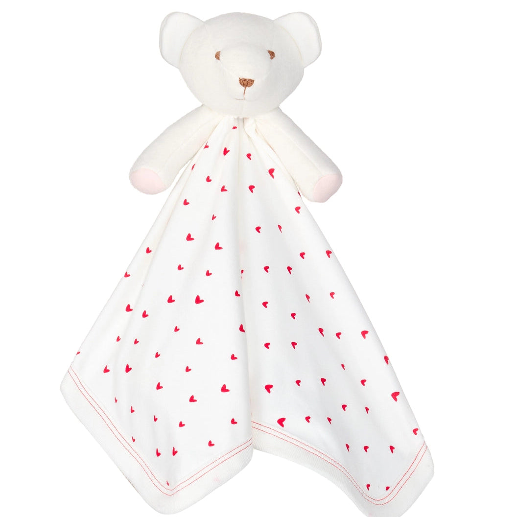 Under the Nile organic white teddy bear with a red heart patterned blanket for babies