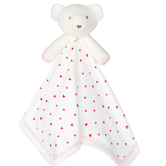 Under the Nile organic white teddy bear with a red heart patterned blanket for babies