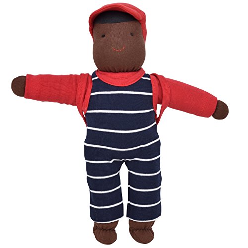 Organic Waldorf Black Boy Doll in blue and red with a backpack