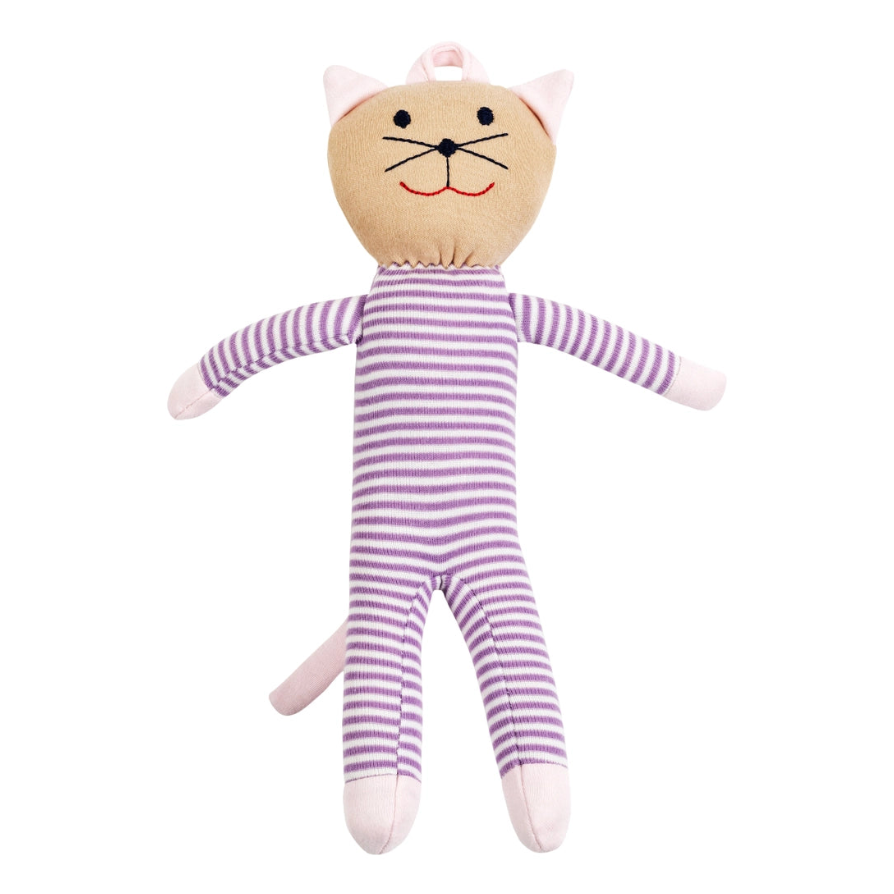 under the nile scrappy cat organic toy in purple and pink stripes