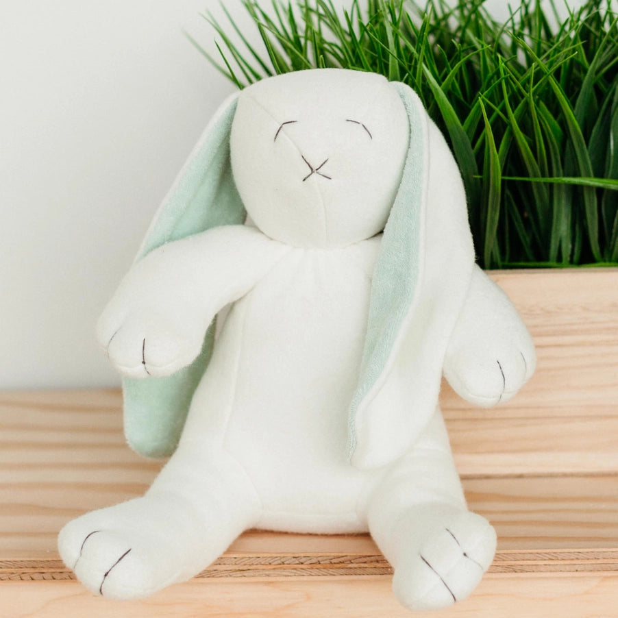 under the nile fair trade organic cotton brushed sherpa bunny baby toy in white and sage green