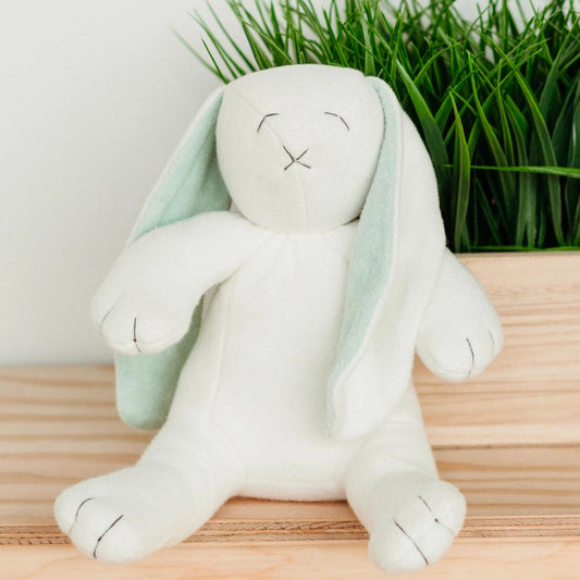 under the nile fair trade organic cotton brushed sherpa bunny baby toy in white and sage green