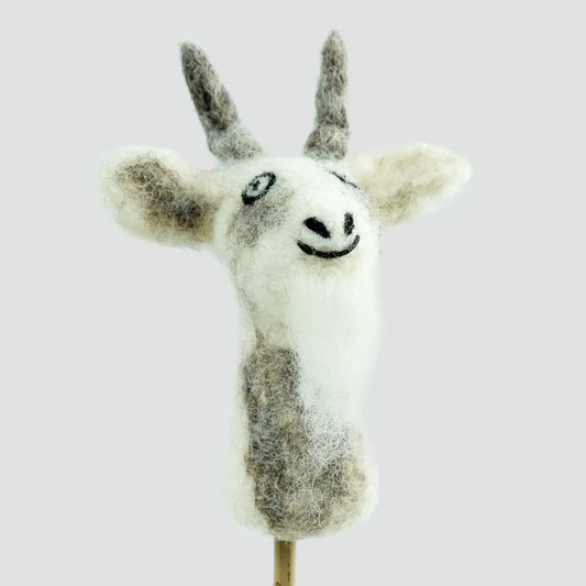 winding road billy goat felted finger puppet in gray and white