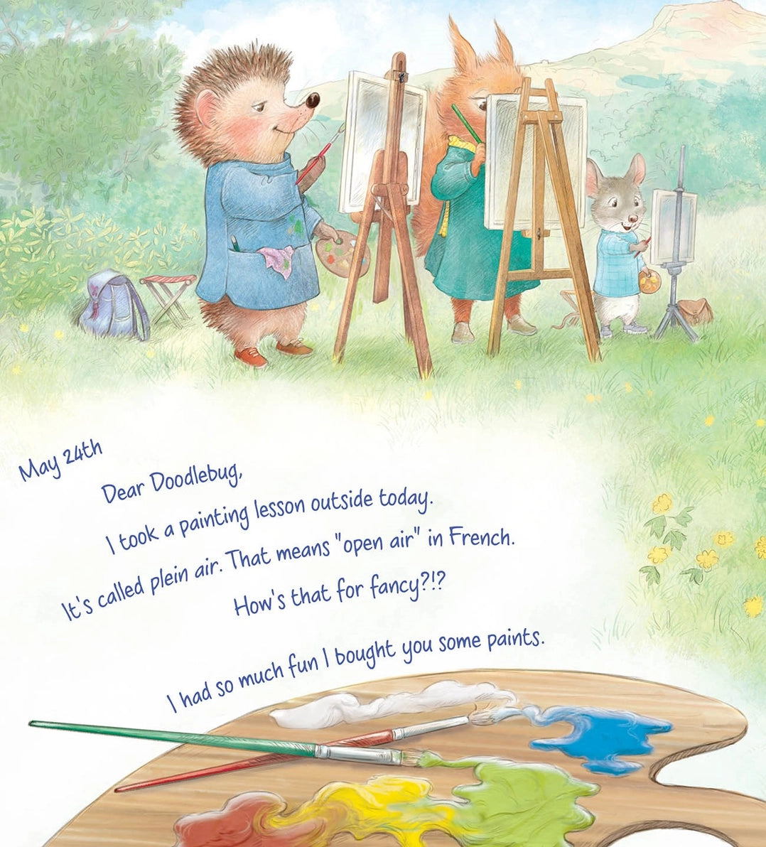 'With Love, Grandma' children's picture book illustrated page of animals painting outdoors with a letter from Grandma hedgehog to Doodlebug.