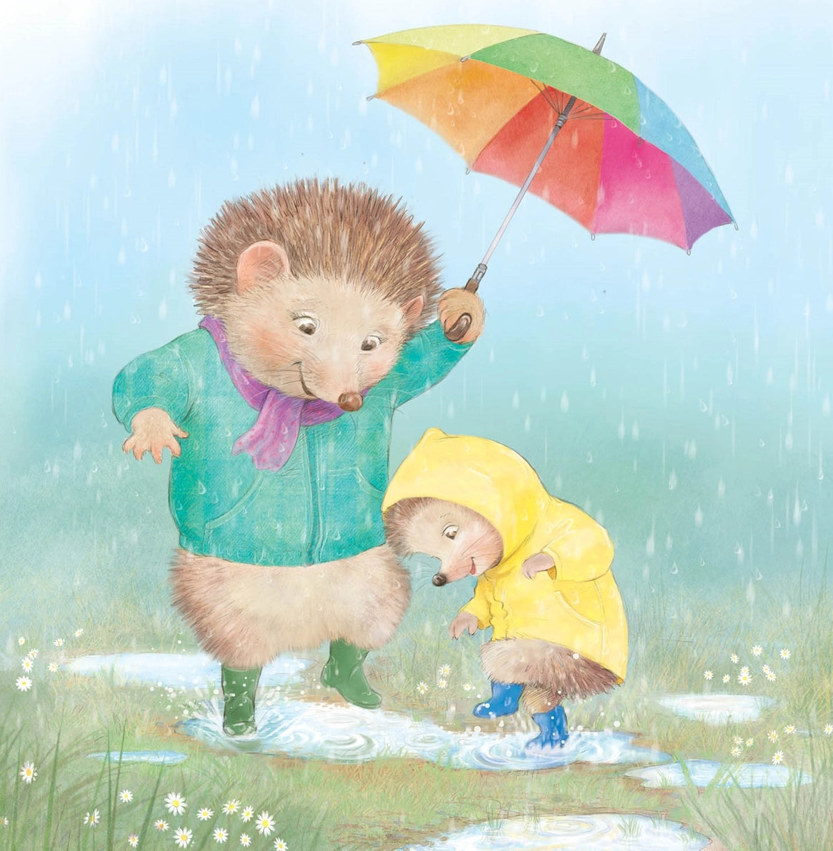 'With Love, Grandma' children's picture book illustrated page featuring two hedgehogs in the rain with a colorful umbrella.