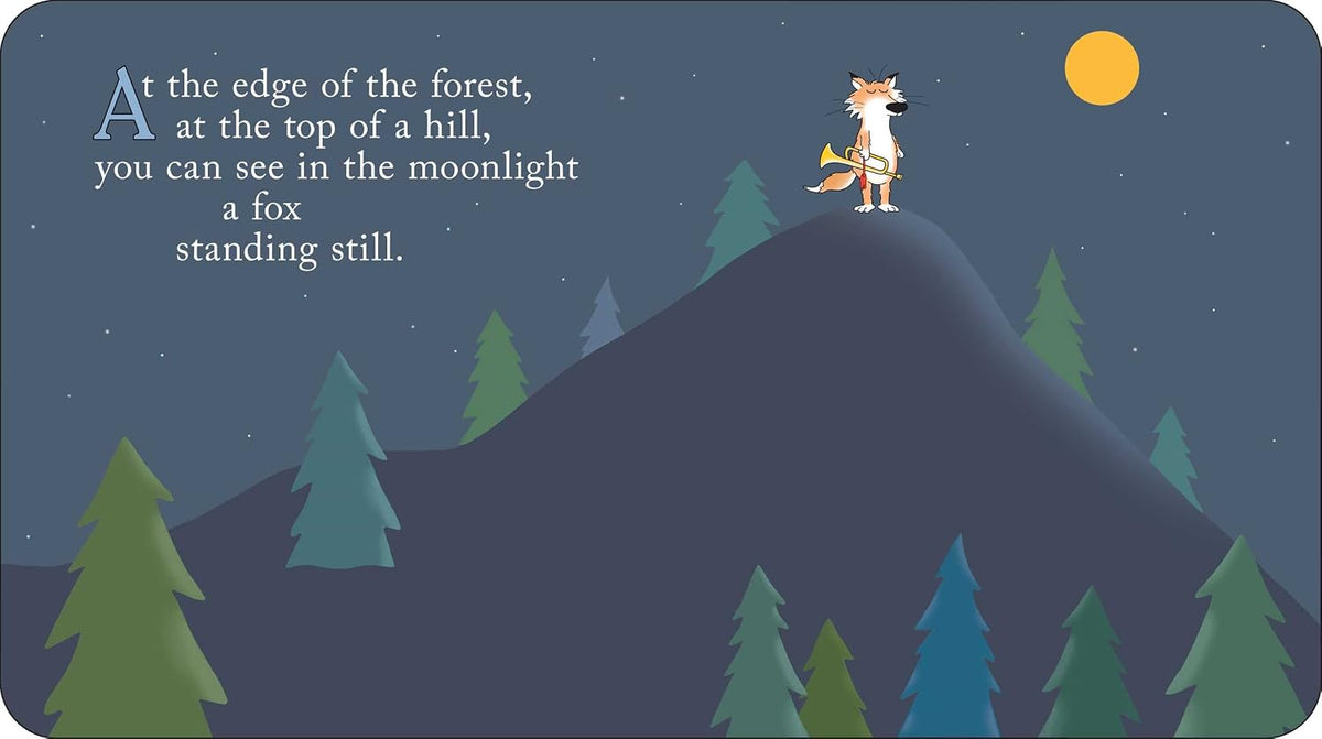 Woodland Dance board book illustrated page featuring a fox on a mountain. White text reads: At the edge of the forest, at the top of a hill, you can see in the moonlight a fox standing still.