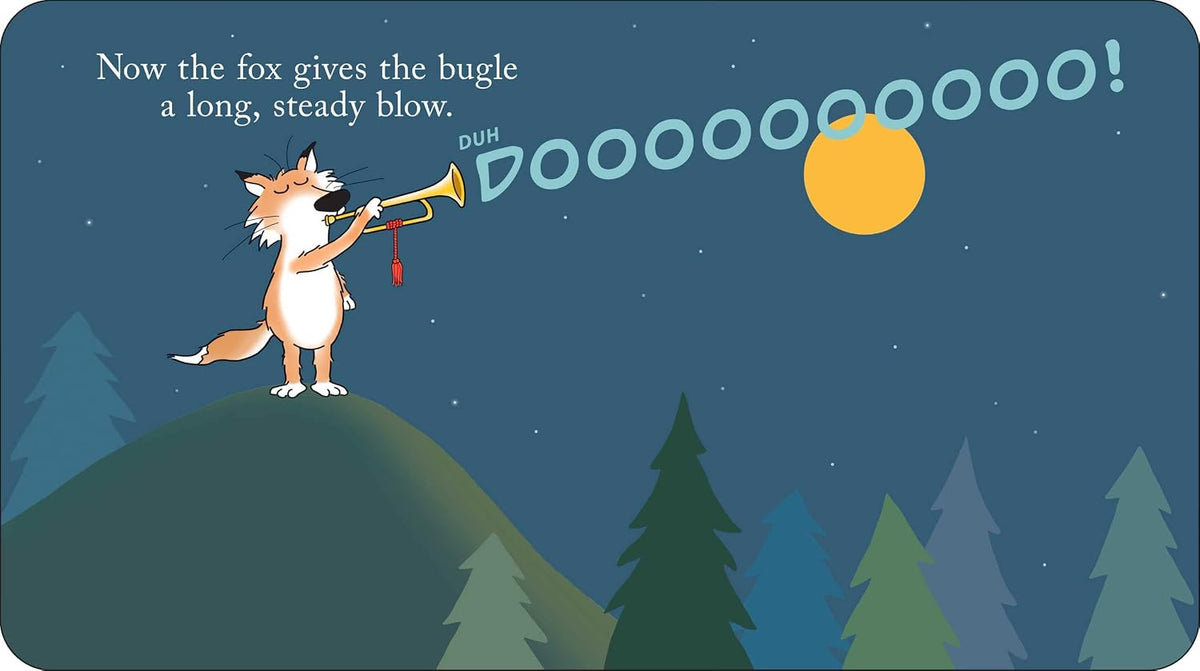 Woodland Dance board book illustrated page featuring a fox on a mountain blowing into a bugle. 