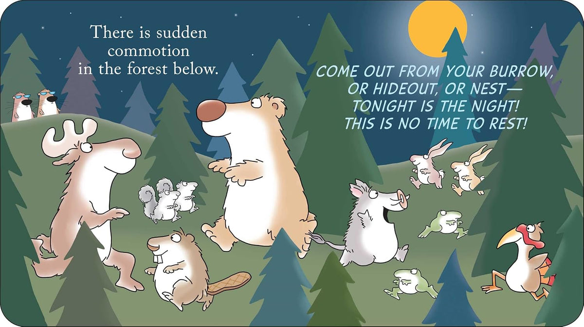 Woodland Dance board book Illustrated page of animals in a forest with text about sudden commotion and a night to rest.