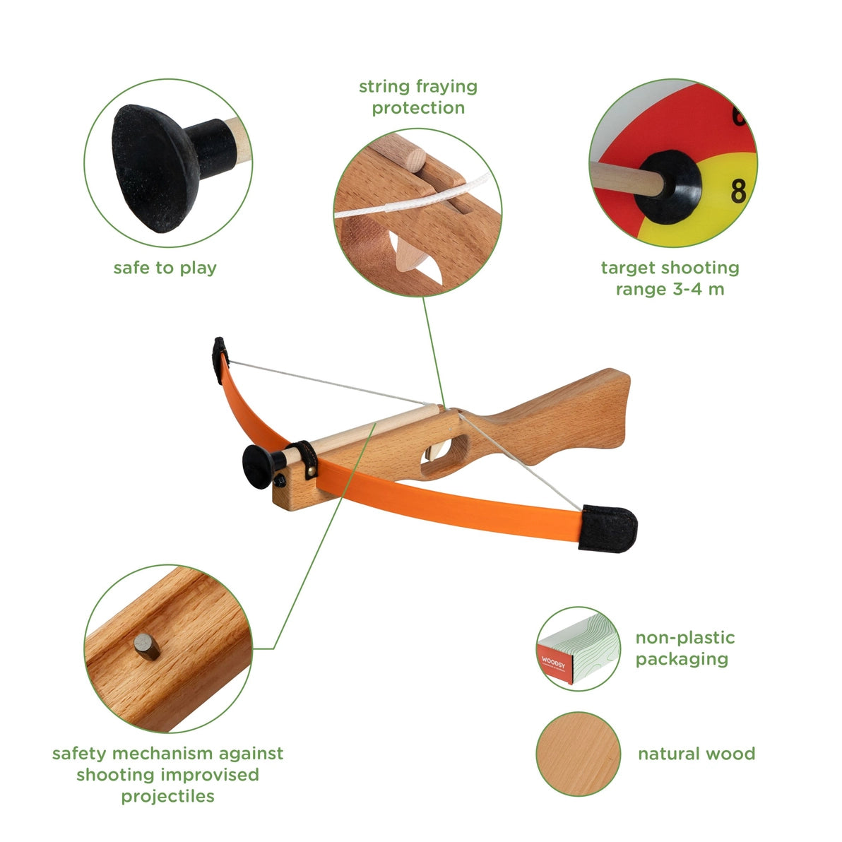 Wooden crossbow with safety features and target