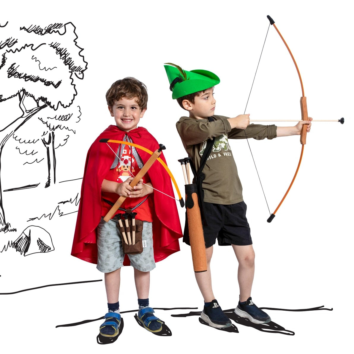 Boys in costumes with archery equipment, crossbow and bow and arrow toys