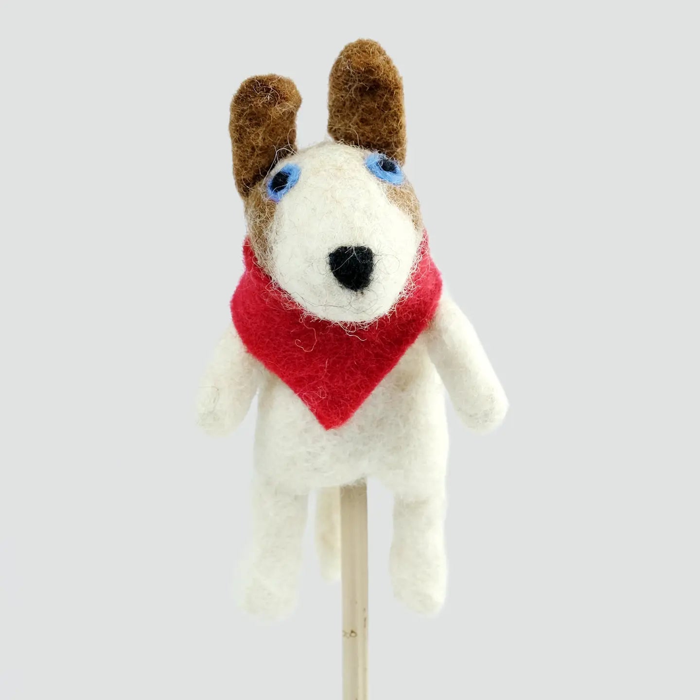 felt brown and white dog finger puppet with bandana