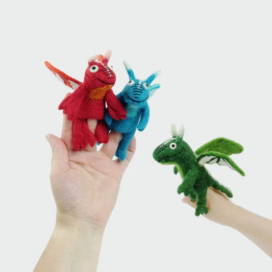 Felt dragon finger puppets in red, blue, and green