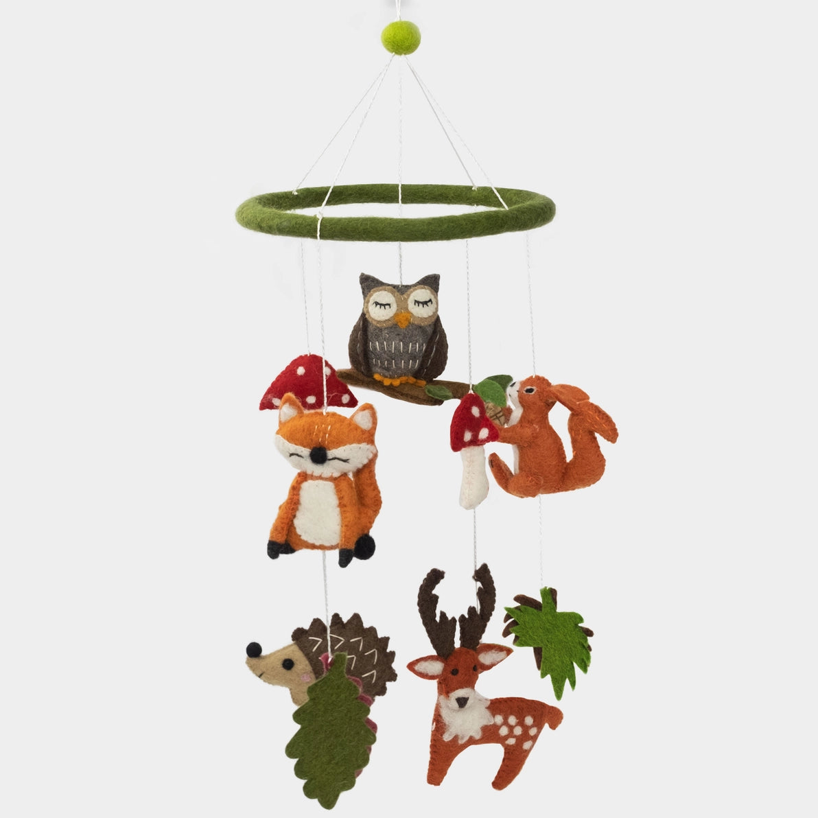 Handmade Woodland-themed baby mobile with fox, owl, deer, and hedgehog