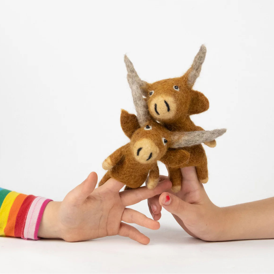 Hand felted Brown Highland Cow Finger Puppets