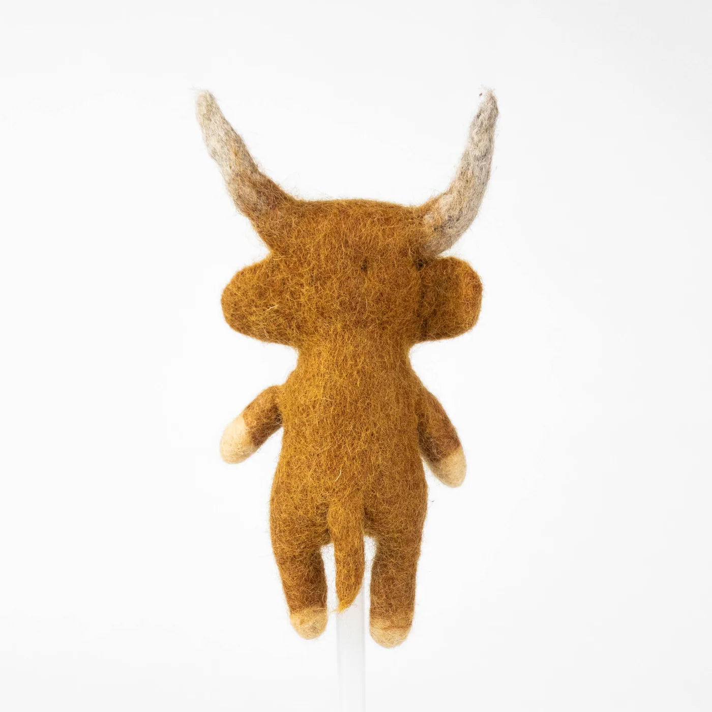 Felted Brown HIghland Cow Finger puppet from the back