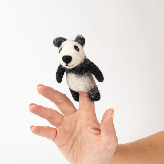 Winding Road Felt Panda finger puppet on a person's finger 