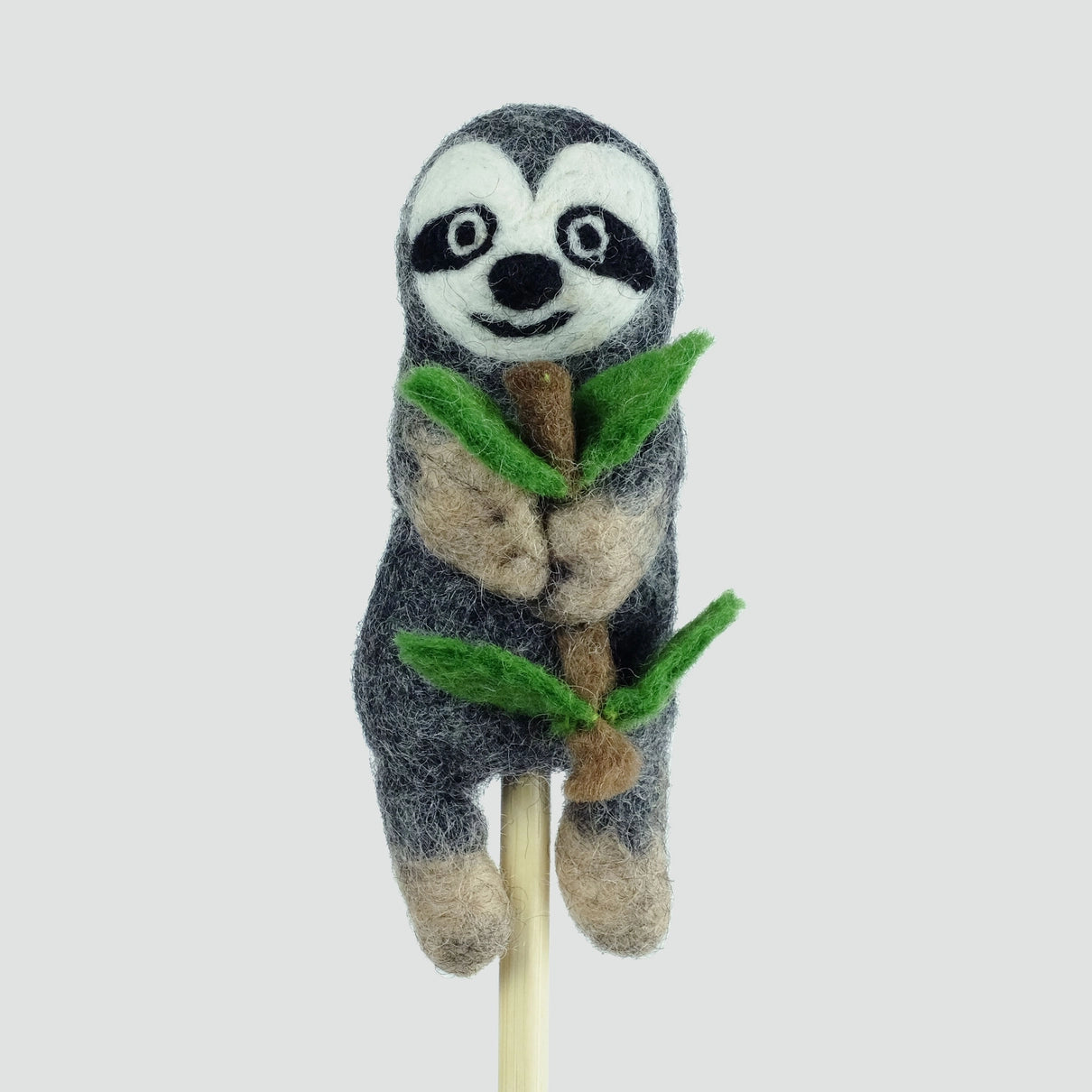 handmade flet sloth finger puppet with branch