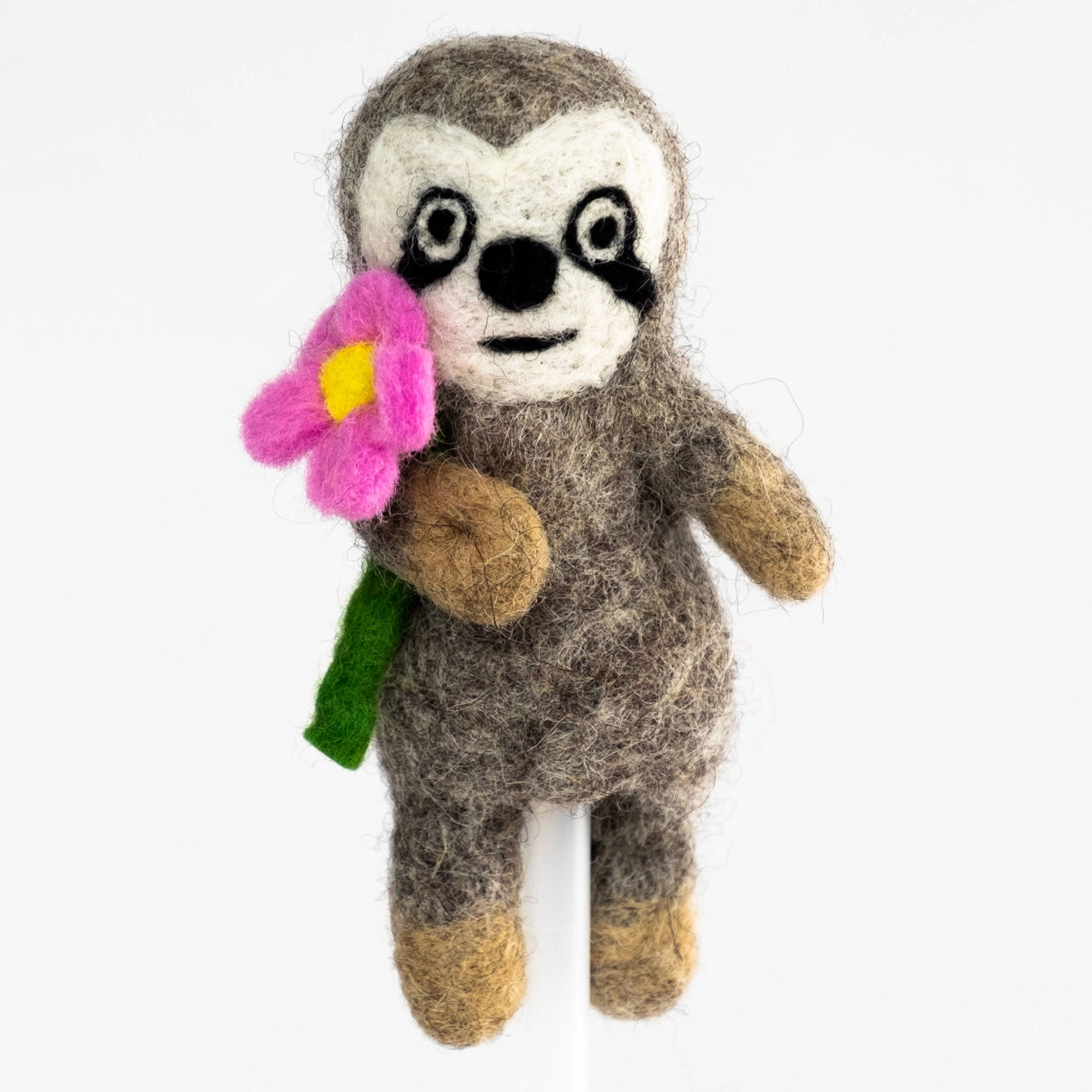 handmade felt sloth finger puppet with flower