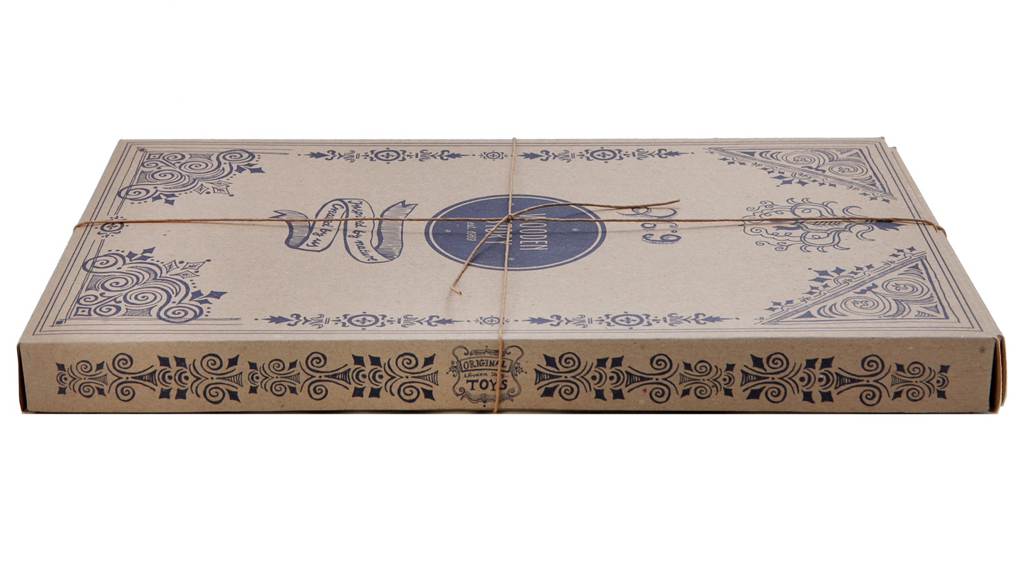 A box tied with twine for Wooden Story rainbow building blocks
